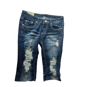 Machine Distressed Denim Capri Jeans Dark Wash Rhinestone Accents Y2K Size 31W